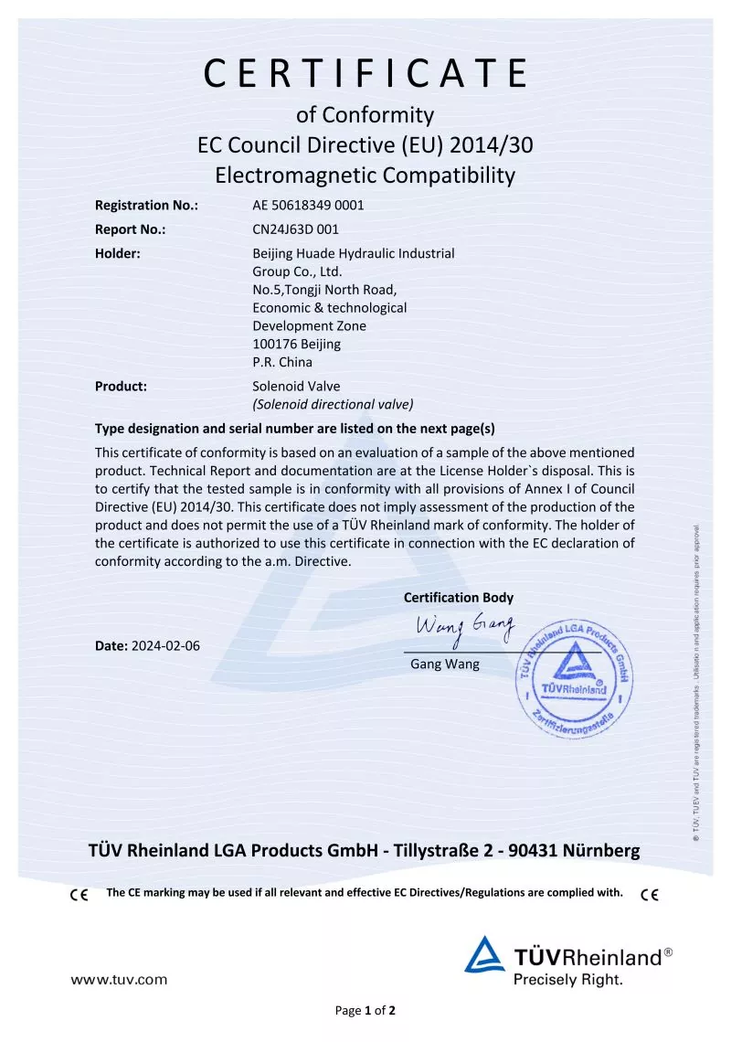 CE Certificate - Hydraulic Control Valves